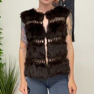 BCBG Max Azria Brown Rabbit Fur Vest W/ Crochet Trim Size L